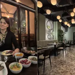 Kobieta z kieliszkiem wina w jednej z ciekawych restauracji okolic Krakowa. Wnętrze lokalu z nowoczesnym designem i stylowymi lampami.